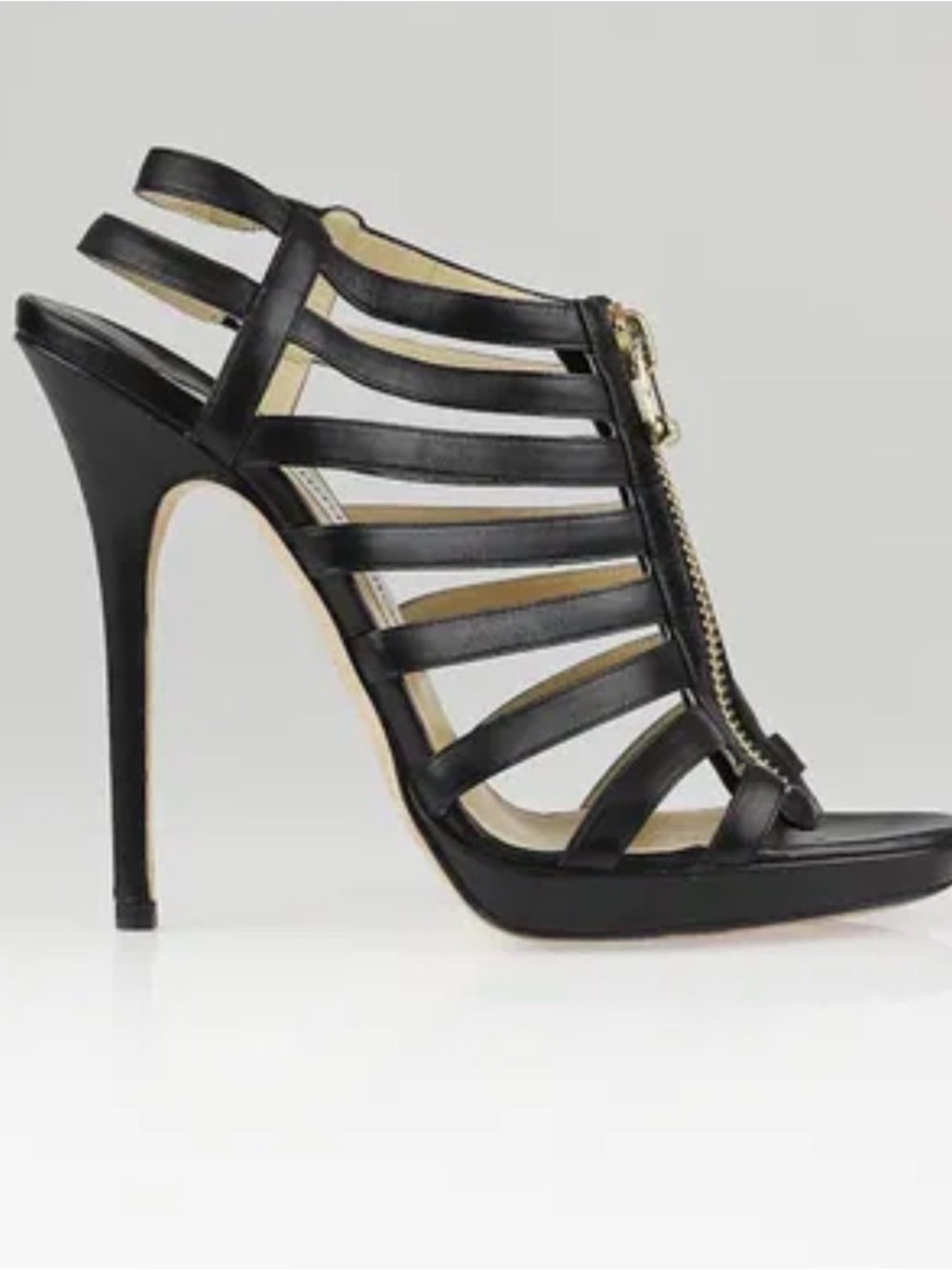 JIMMY CHOO Glenys Black Leather Cage Gladiator Heels Gold Zip - Picture 3 of 8